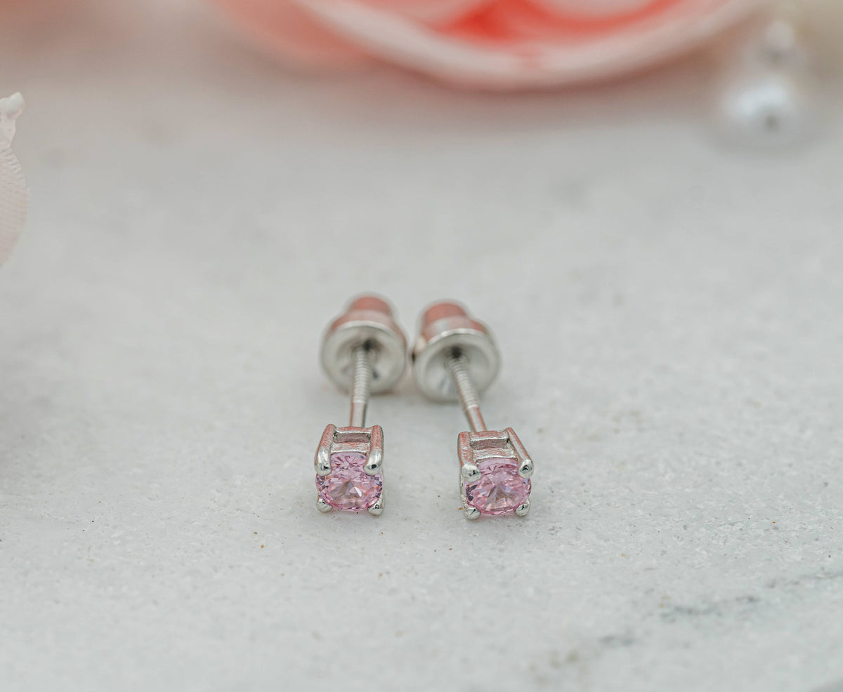 Sterling Silver Screw-Back Pink CZ Stud Earrings Baby & Kids