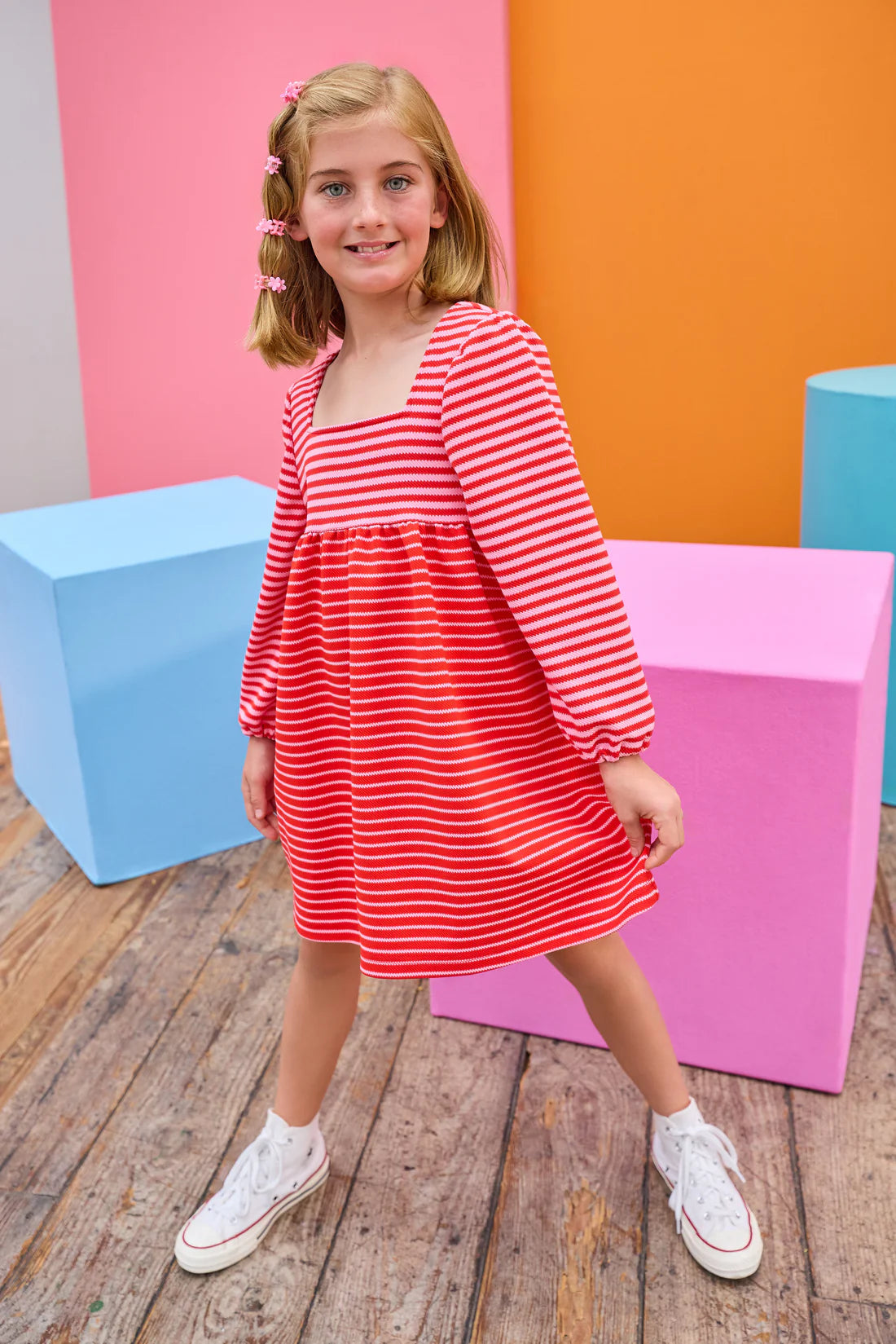 BISBY CORA DRESS PINK & RED PIQUE STRIPE