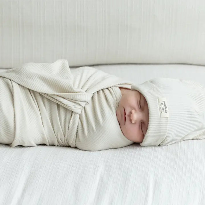 BELLA TUNNO LINEN RIB SWADDLE & BEANIE SET