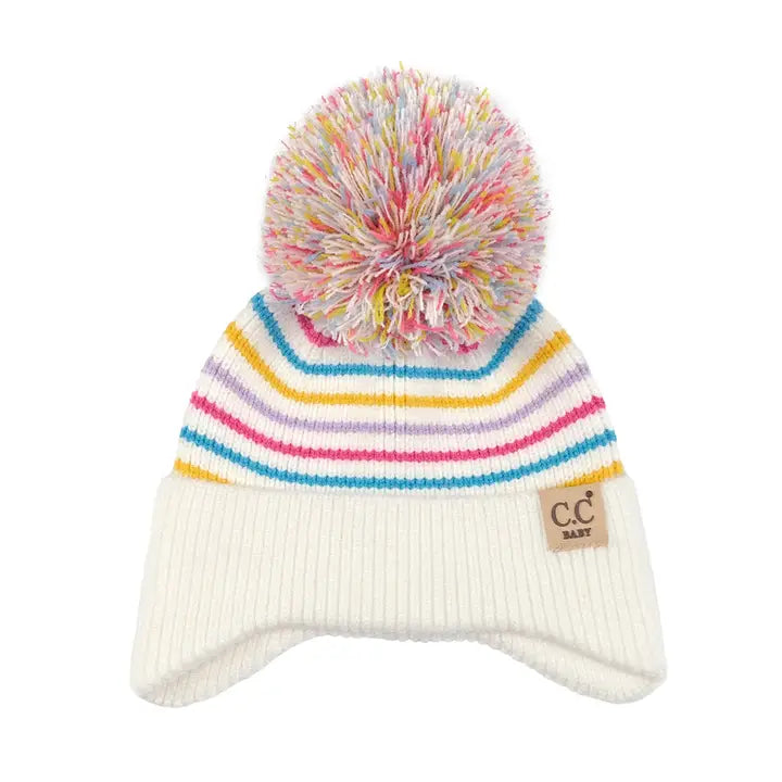INFANT POM STRIPED EARFLAP BEANIE IVORY/MULTICOLOR