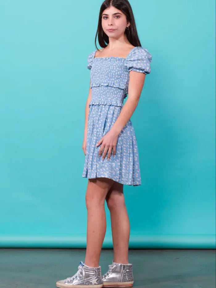 BERKLEY PUFF SLEEVE SMOCKED DRESS BLUE
