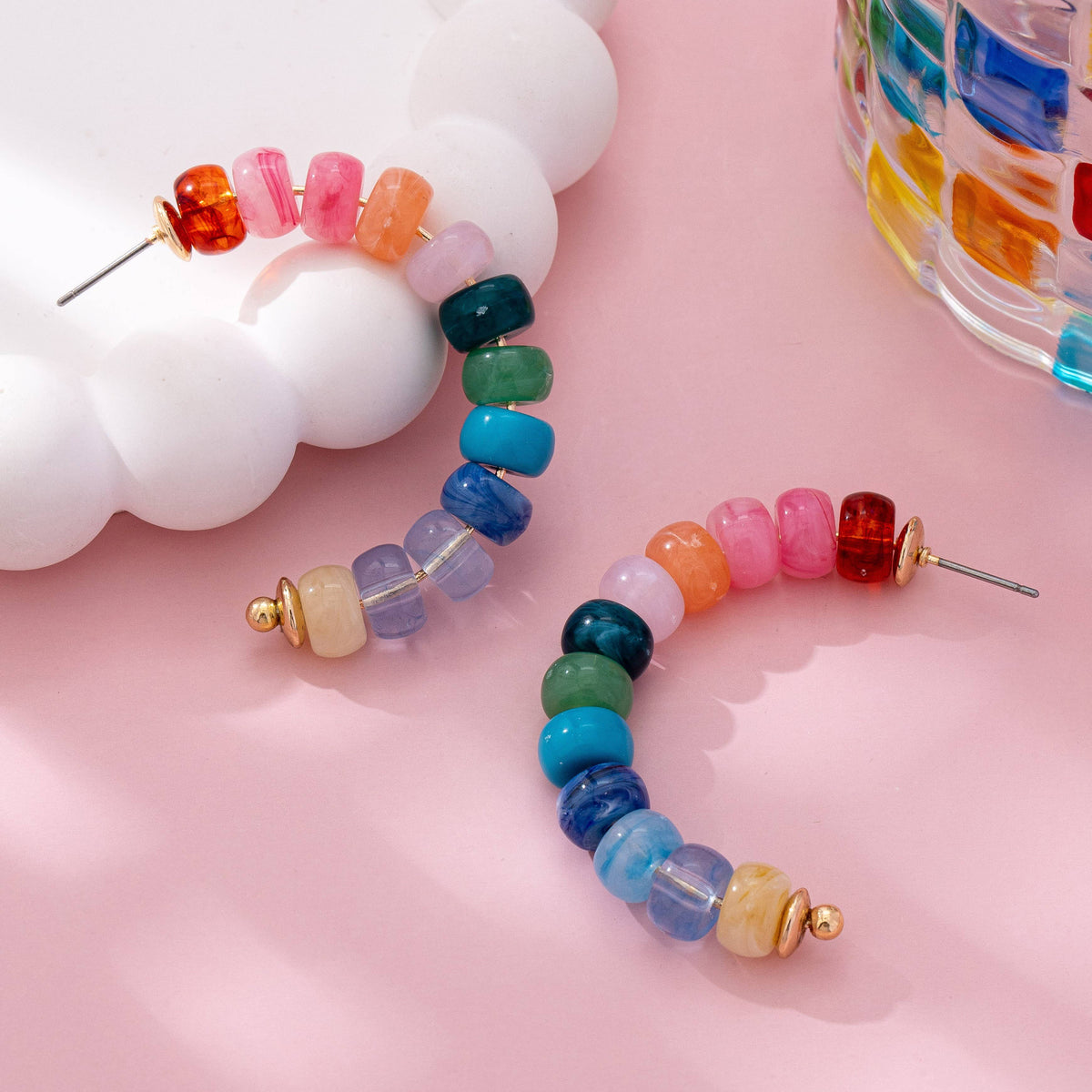 Rainbow Beaded Hoop Earrings Multi