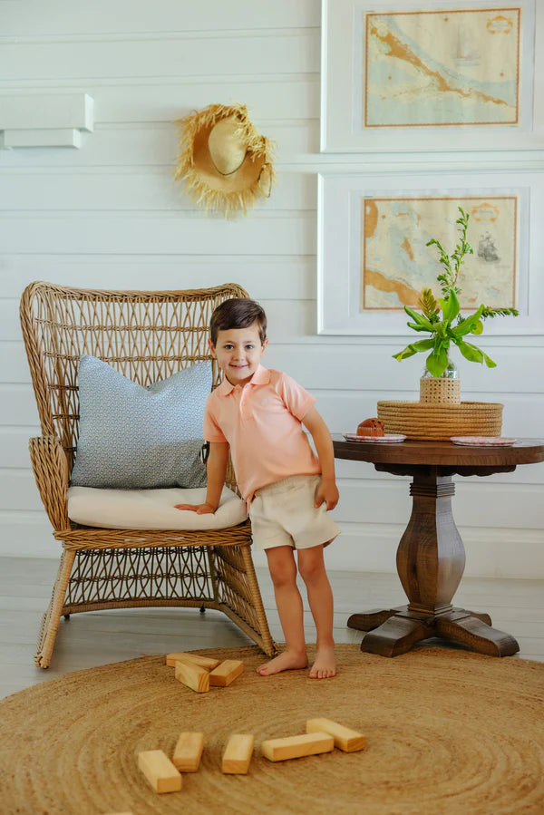 Prim And Proper Polo Pompano Peach With Multicolor Stork