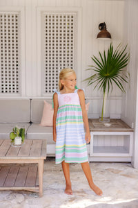 TBBC MACIE MIDI DRESS SARASOTA STRIPE WITH PALM BEACH, BUCKHEAD BLUE, AND GRACE BAY GREEN