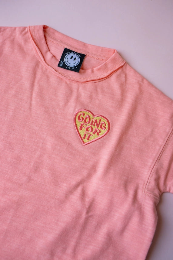 XOXO CORAL GOING FOR IT PATCHED BOXY TEE