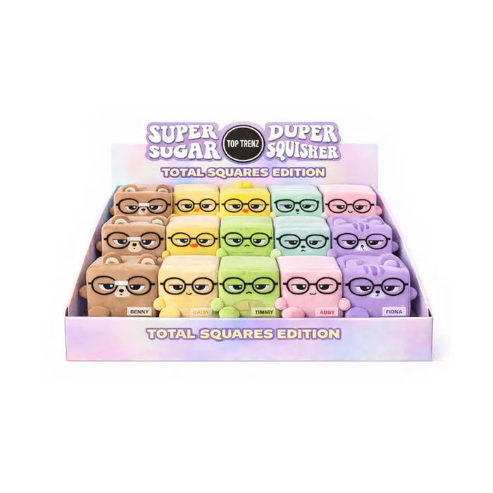 A display box filled with small square plush toys shaped like cartoon bears, each wearing glasses and in different pastel and earthy colors. The box has a pink and purple gradient design with the text 'SUPER SUGAR DUPER SQUISHER' and 'TOTAL SQUARES EDITION'.