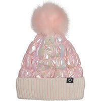 PUFFER FAUX FUR POM BEANIE IRIDESCENT PINK