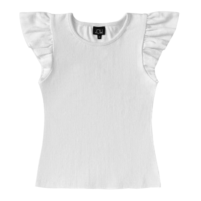 LITTLE OLIN WHITE RUFFLE SLEEVE RIBBED TOP