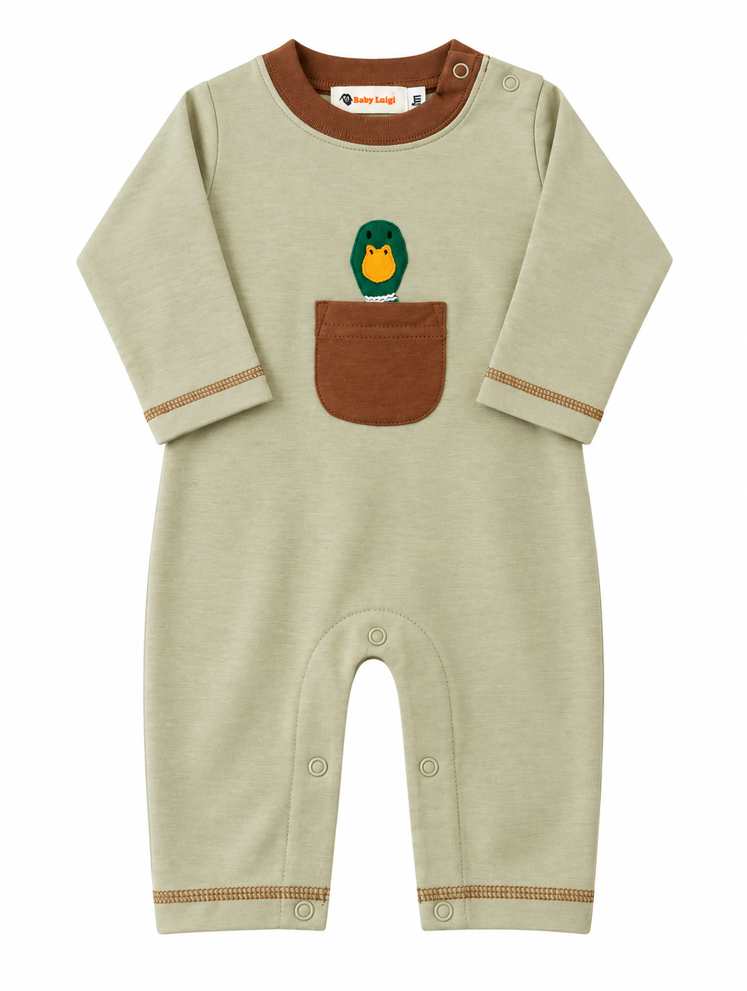 A baby long-sleeve footless romper in a light sage green heathered fabric, featuring a brown chest pocket with a small green and yellow duck graphic, a brown collar, and brown trim details on the cuffs and hem.