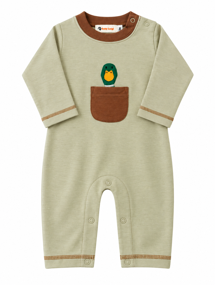 A baby long-sleeve footless romper in a light sage green heathered fabric, featuring a brown chest pocket with a small green and yellow duck graphic, a brown collar, and brown trim details on the cuffs and hem.