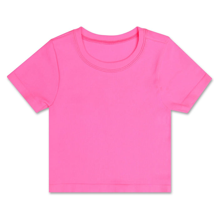 BRIGHT PINK RIBBED SHORT SLEEVE