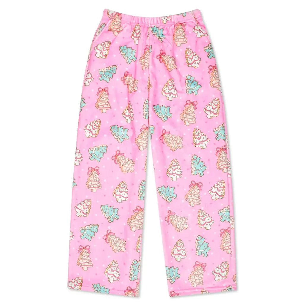 Pink fleece pajama pants with an all-over Christmas tree pattern in mint green, beige, and pink, featuring an elastic waistband.