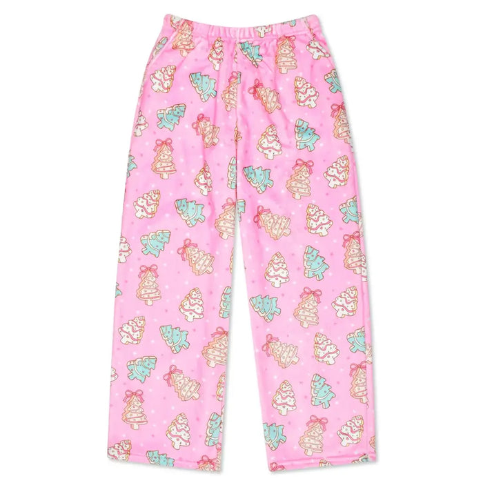 Pink fleece pajama pants with an all-over Christmas tree pattern in mint green, beige, and pink, featuring an elastic waistband.