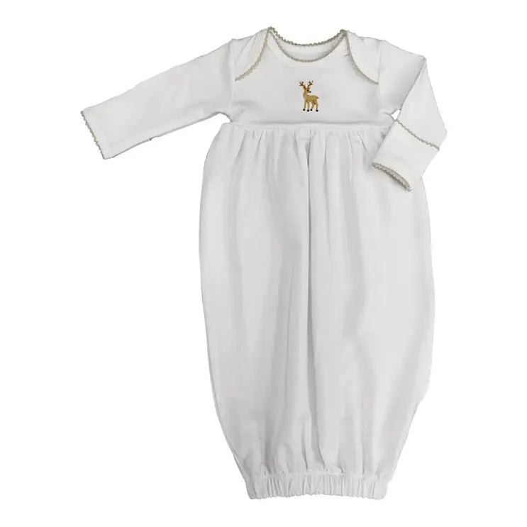 A white long-sleeve baby sleep sack with an embroidered deer on the chest, finished with a gathered elastic hem and decorative trim on the neckline and cuffs.