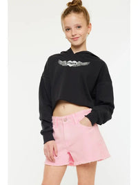GIRLS HIGH RISE PINK FRAY DENIM SHORTS