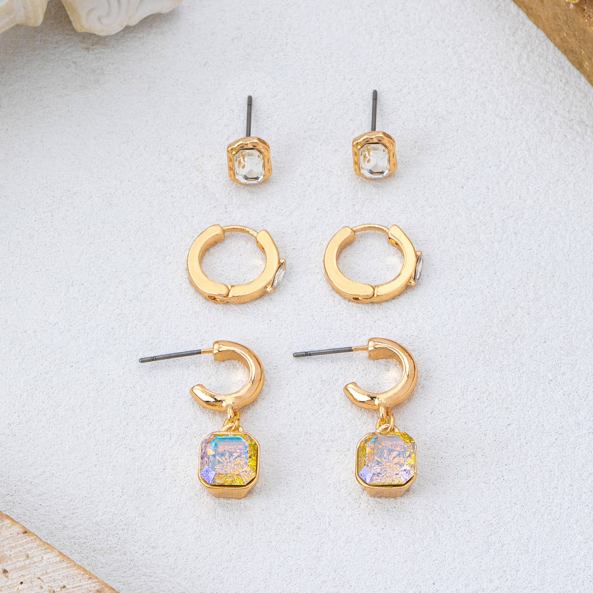 Josslyn Whimsical Crystal Glass Huggie & Stud Earring Set Gold