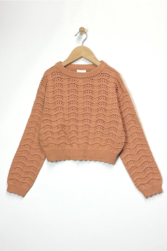 HEART AND ARROW TWEEN CREWNECK WAVY POINTELLE SWEATER RUST