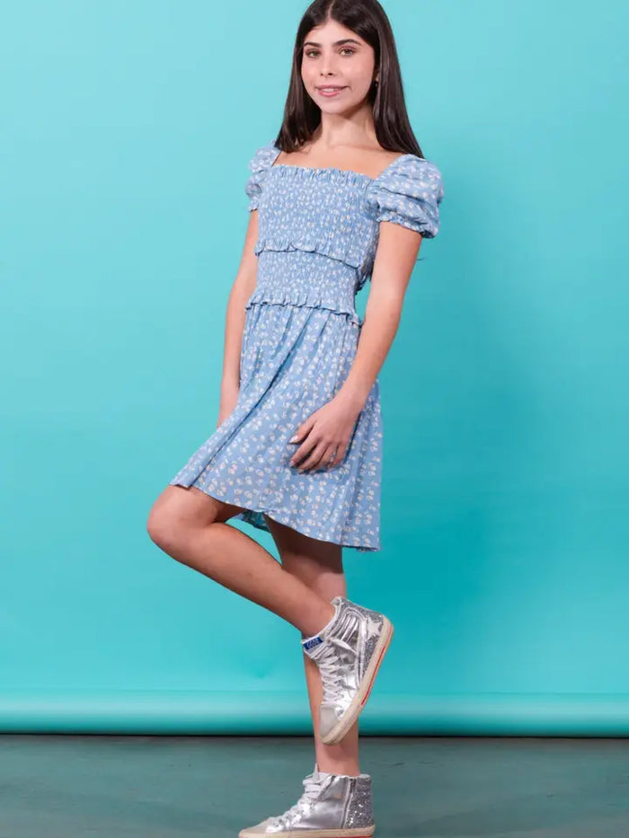 BERKLEY PUFF SLEEVE SMOCKED DRESS BLUE