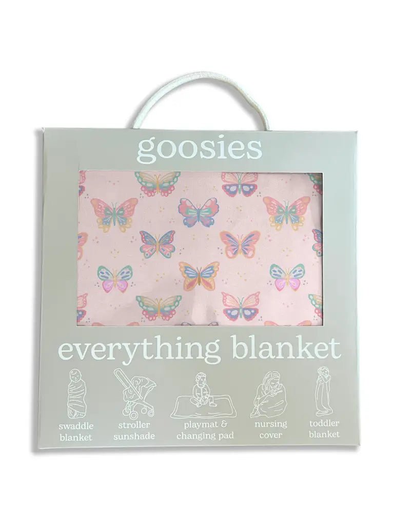 Goosies Everything Blanket in a sage green gift box with a white carrying handle. The blanket inside features a pastel pink background with a colorful butterfly pattern.