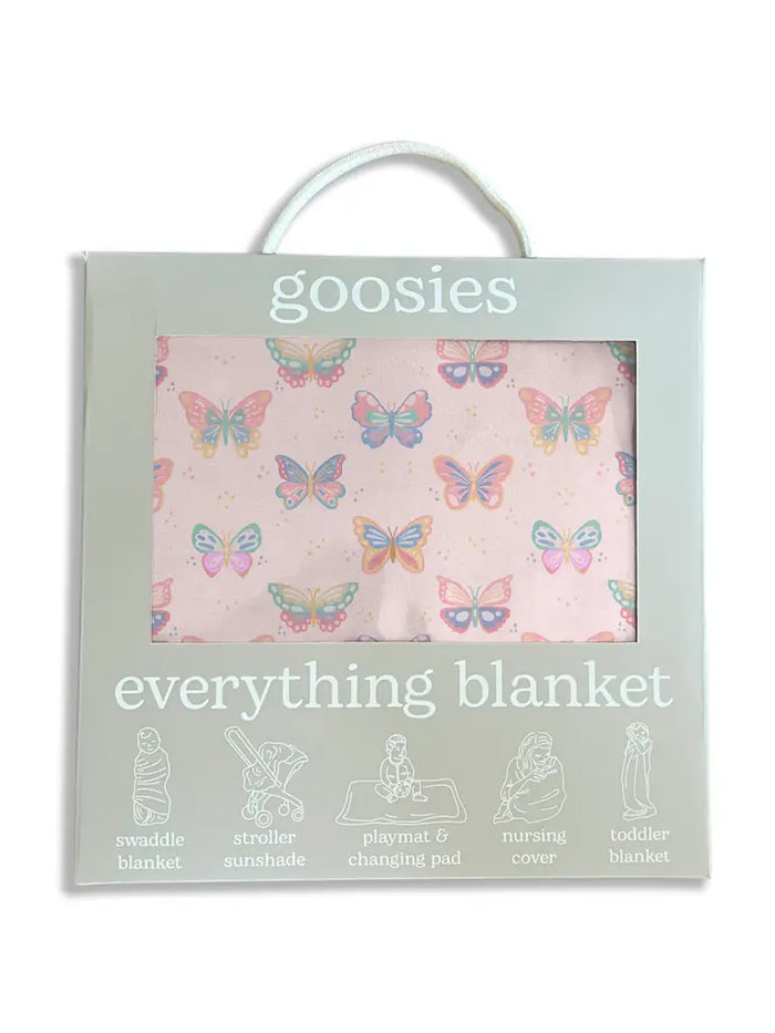 Goosies Everything Blanket in a sage green gift box with a white carrying handle. The blanket inside features a pastel pink background with a colorful butterfly pattern.