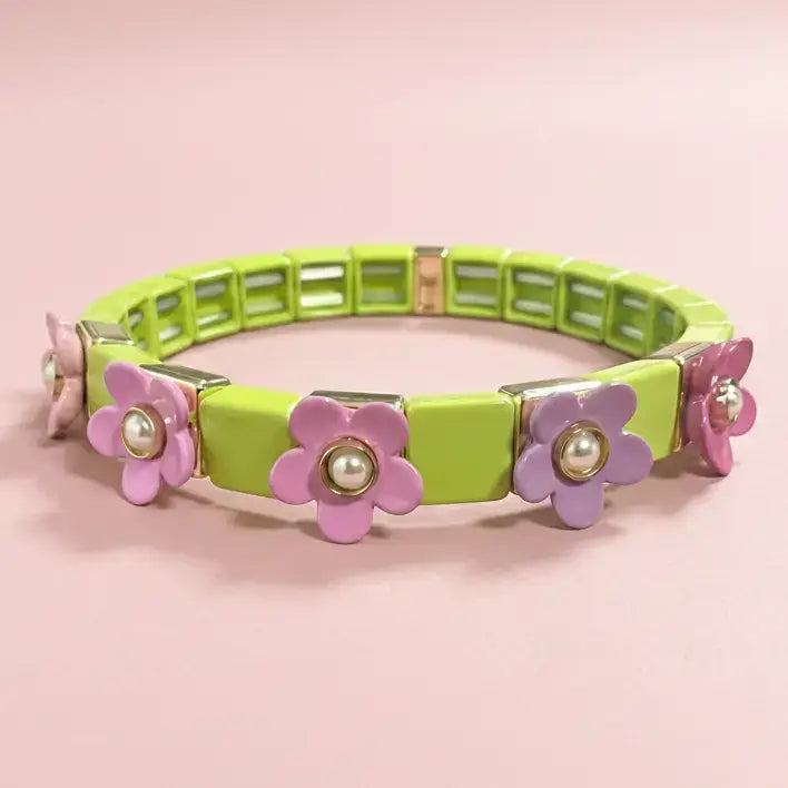 POPPY ENAMEL STRETCH BRACELET GREEN WITH PINK FLOWERS