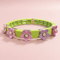 POPPY ENAMEL STRETCH BRACELET GREEN WITH PINK FLOWERS