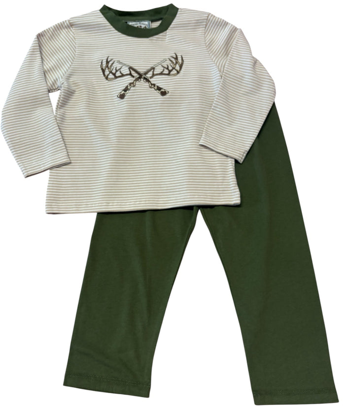 A two-piece children's  set featuring a long-sleeve top with thin beige horizontal stripes, a dark green crew neck, and a crossed lacrosse sticks graphic on the chest, paired with solid dark green pants.