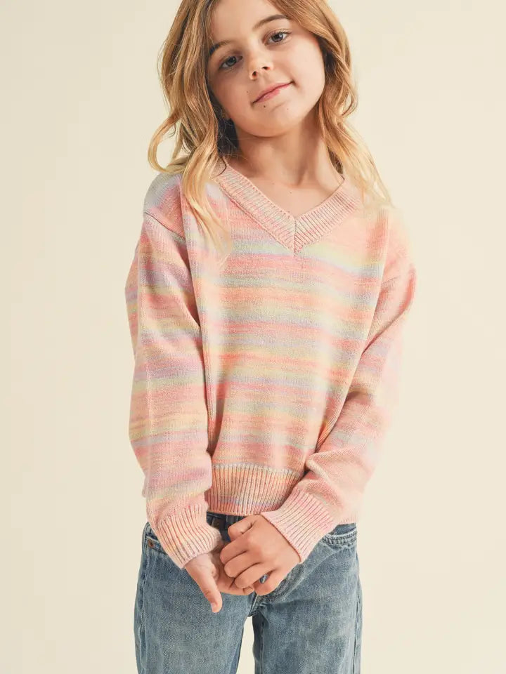 HEART AND ARROW GIRLS LONG SLEEVE V NECK STRIPE SWEATER