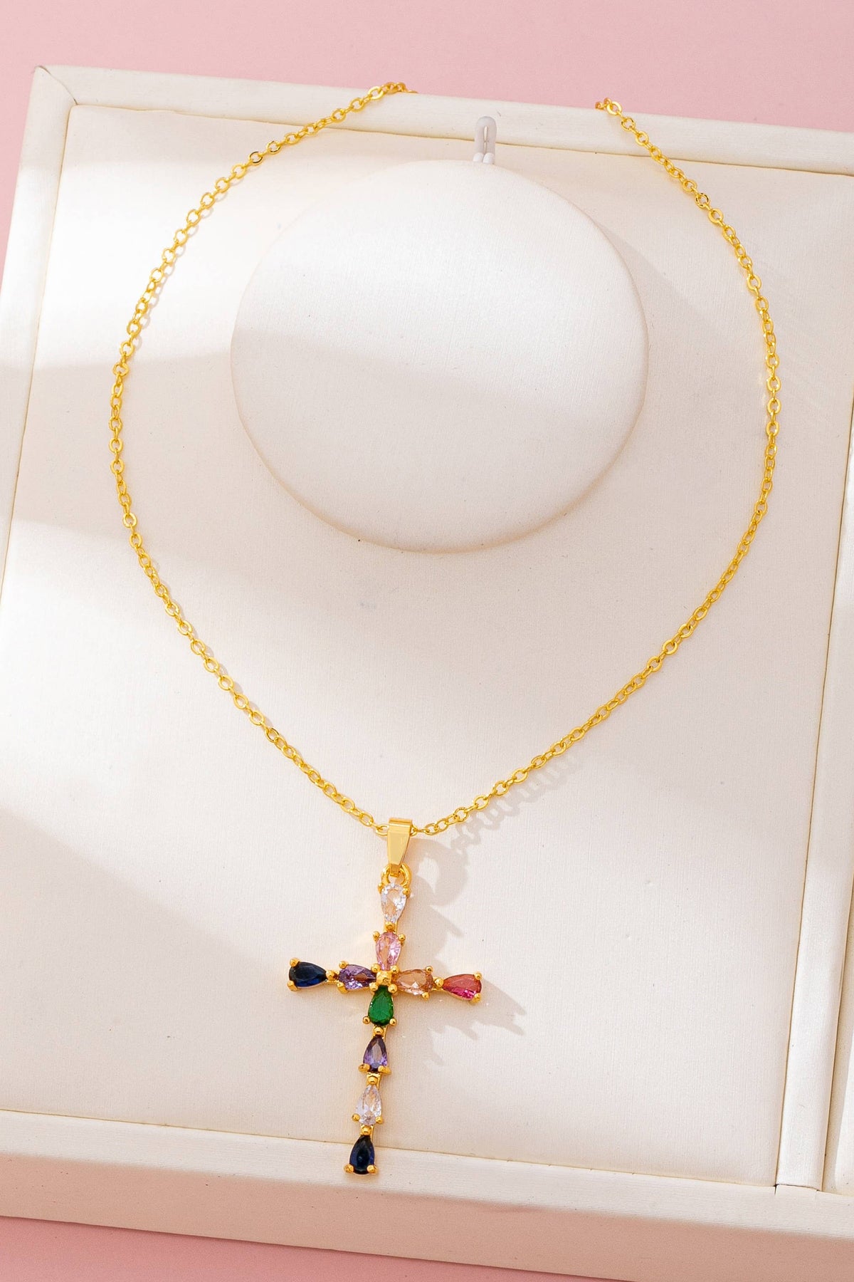 Josslyn Rainbow  Crystal Cross Pendant Necklace Multi