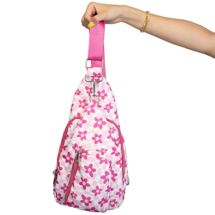 PINK FLOWER GROOVY CHECKERED SLING BAG