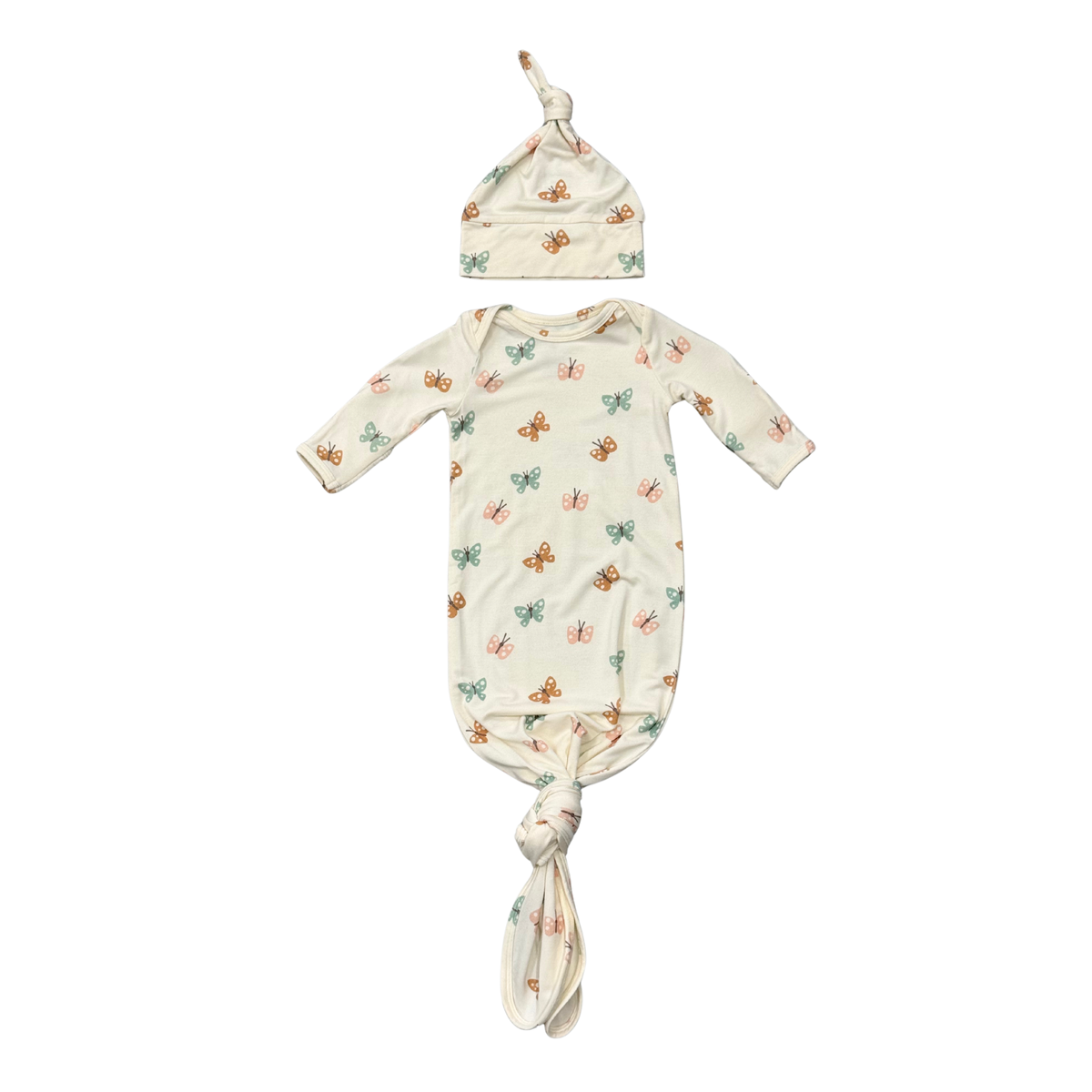 A baby sleep suit and matching knotted hat set in cream with a small butterfly print, displayed on a solid white background.