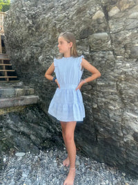 BLUE RUFFLE SHOULDER DRESS