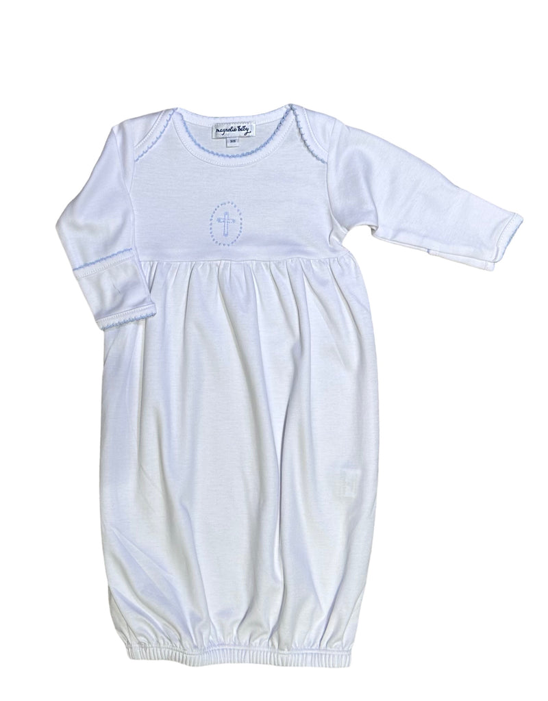 MAGNOLIA BABY BLESSED CROSS GATHERED GOWN BLUE