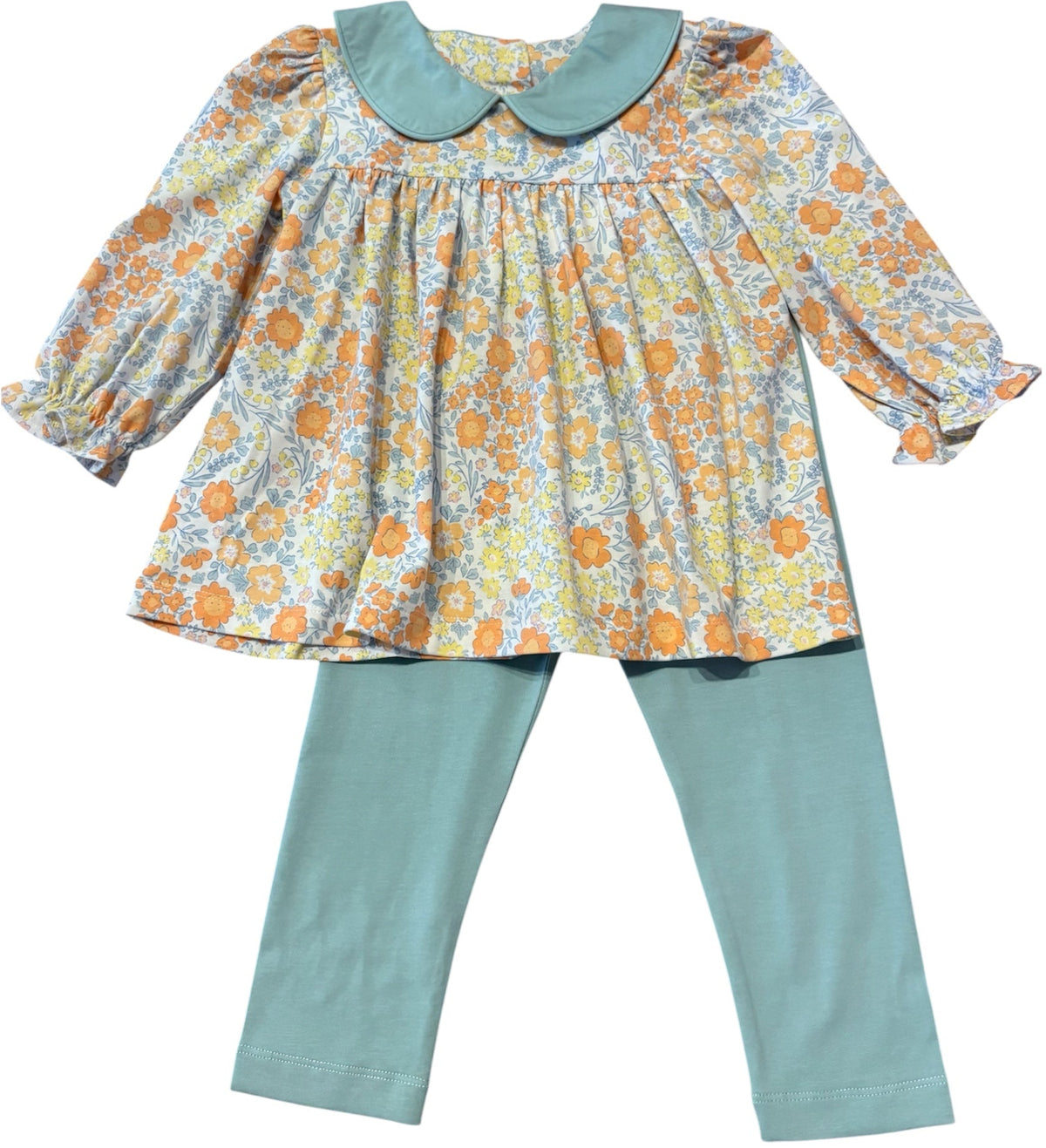 A toddler girl's two-piece outfit featuring a long-sleeve floral print top with a teal Peter Pan collar and matching teal pants, shown against a plain white background.