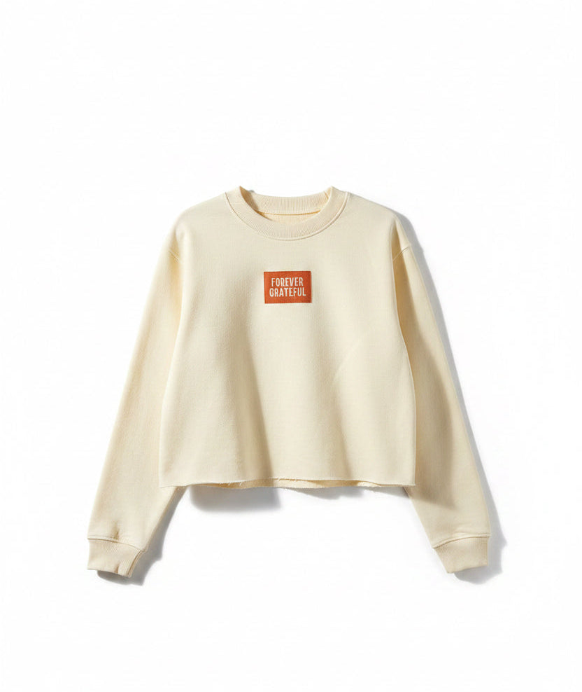 A cream-colored crewneck sweatshirt with a small orange rectangular chest patch reading 'FOREVER GRATEFUL', held up on a hanger in a retail store setting.