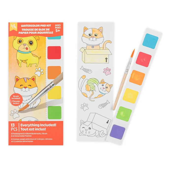 Watercolor pad kit with colorful squares and a brush, featuring cartoon cats on the packaging.