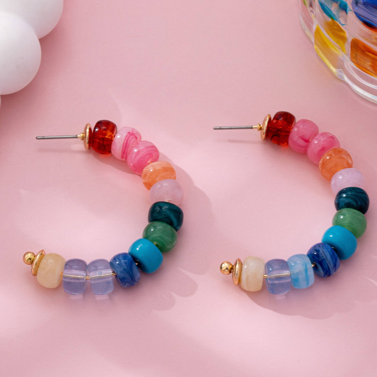 Rainbow Beaded Hoop Earrings Multi