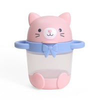 A pink and light blue cat-shaped cup with a transparent body, featuring a cute cat face on the lid, a bow detail, and small paw prints at the base, shown on a white background.