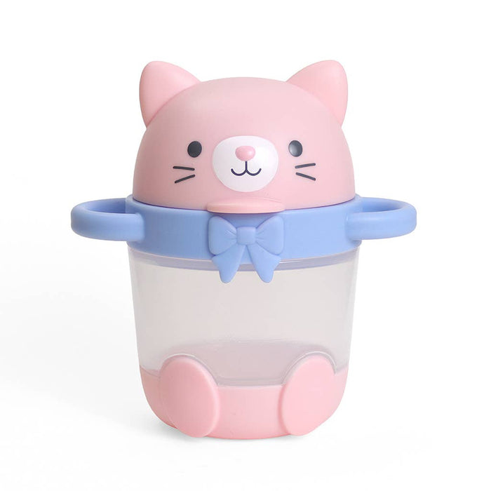 A pink and light blue cat-shaped cup with a transparent body, featuring a cute cat face on the lid, a bow detail, and small paw prints at the base, shown on a white background.