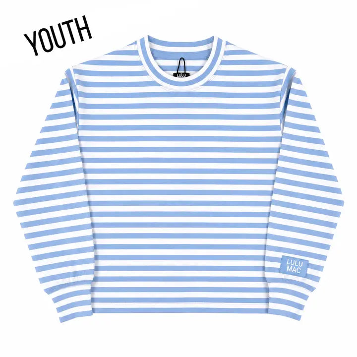 A youth long-sleeve crewneck sweatshirt with light blue and white horizontal stripes, featuring a small 'LILU MAC' brand patch on the left sleeve cuff, displayed on a clean white background with a 'YOUTH' text overlay in the top-left corner.
