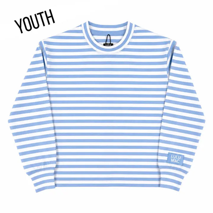 A youth long-sleeve crewneck sweatshirt with light blue and white horizontal stripes, featuring a small 'LILU MAC' brand patch on the left sleeve cuff, displayed on a clean white background with a 'YOUTH' text overlay in the top-left corner.