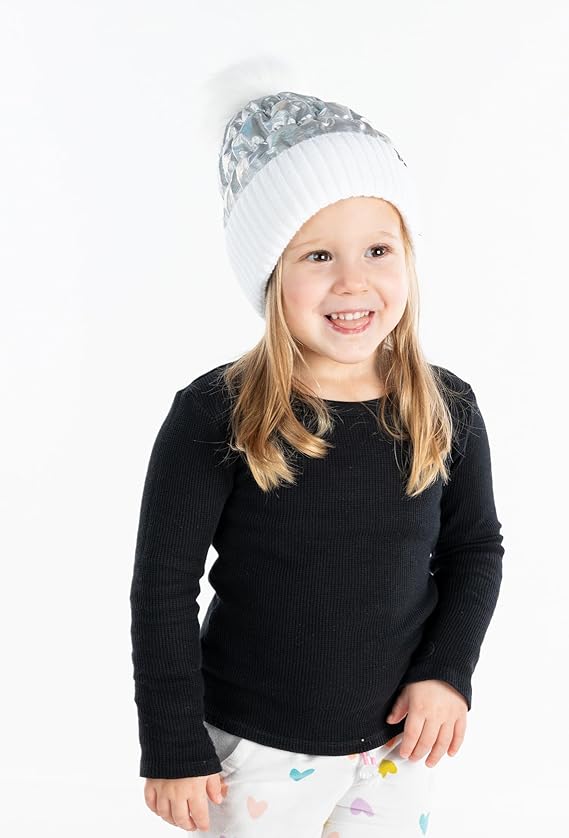 KIDS FAUX FUR PUFFER POM BEANIE WHITE SILVER