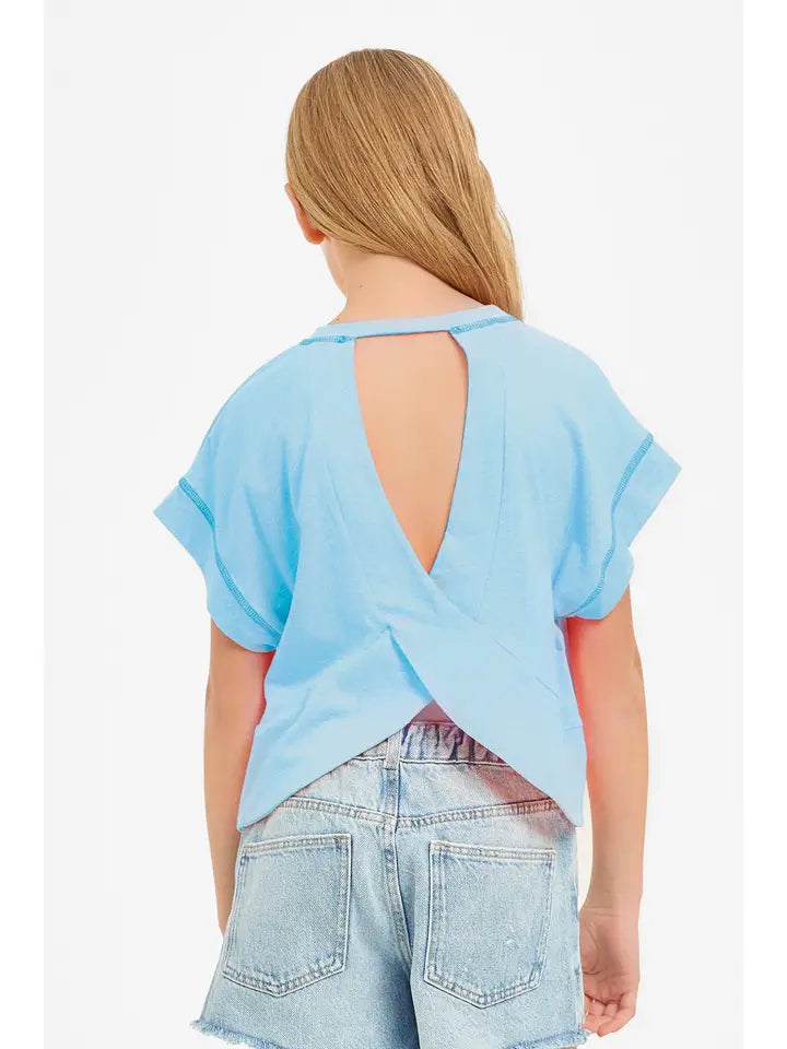 Overlap Open Back Reverse Stitched Top Aqua