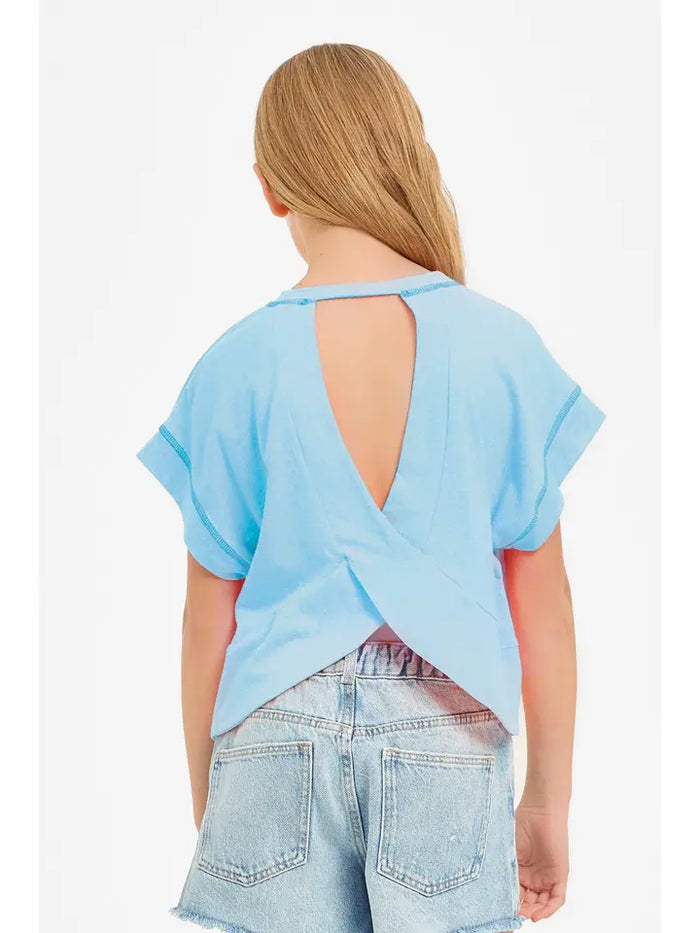 Overlap Open Back Reverse Stitched Top Aqua