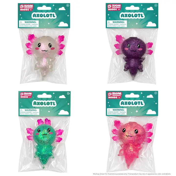 Four packaged Axolotl squishy toys from Sugar Rush Modes, arranged in a 2x2 grid. The set includes two light-colored (one cream, one purple) and two green-colored variants, each with pink gills and small pink fins, sealed in clear plastic bags with teal header cards.