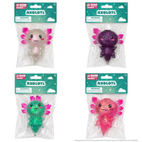 Four packaged Axolotl squishy toys from Sugar Rush Modes, arranged in a 2x2 grid. The set includes two light-colored (one cream, one purple) and two green-colored variants, each with pink gills and small pink fins, sealed in clear plastic bags with teal header cards.