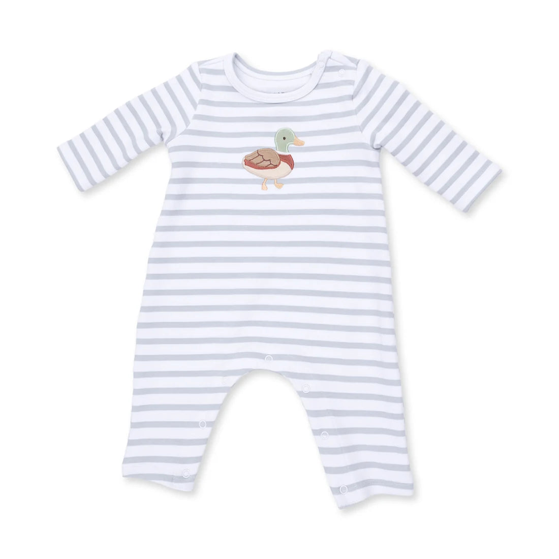 A baby long-sleeve footless romper with light blue and white horizontal stripes, featuring a small embroidered duck design on the chest.