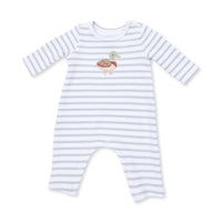 A baby long-sleeve footless romper with light blue and white horizontal stripes, featuring a small embroidered duck design on the chest.