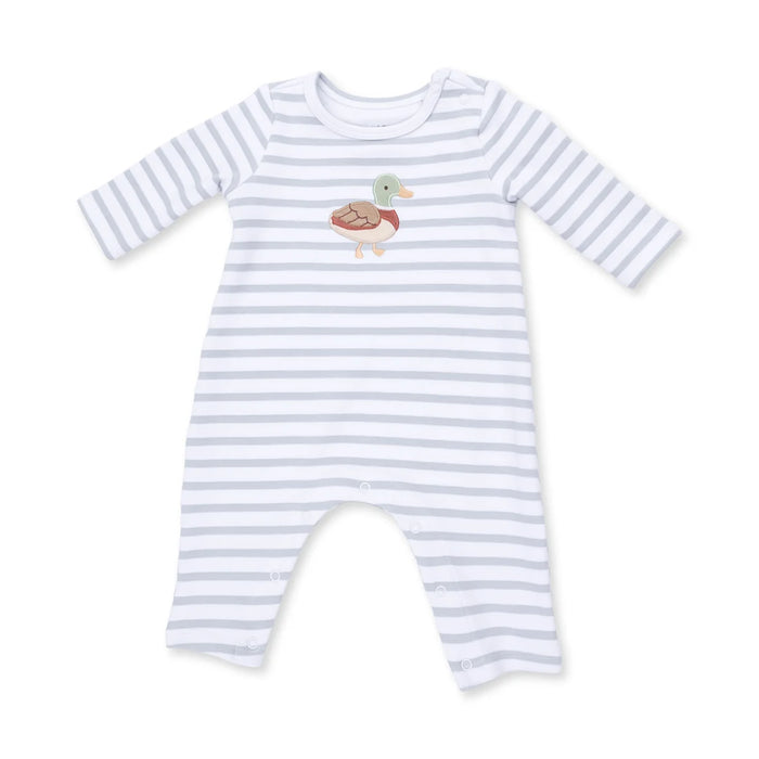 A baby long-sleeve footless romper with light blue and white horizontal stripes, featuring a small embroidered duck design on the chest.