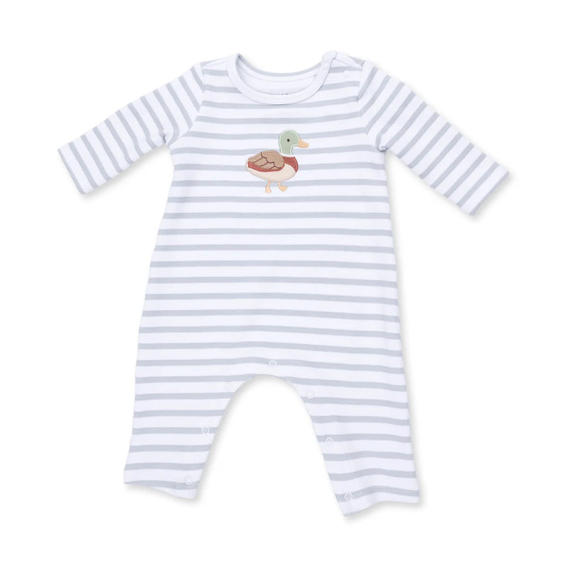 A baby long-sleeve footless romper with light blue and white horizontal stripes, featuring a small embroidered duck design on the chest.